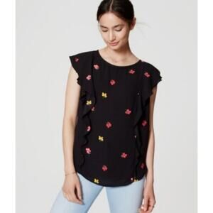 LOFT Black Floral Ruffle Sleeve Blouse Size L Feminine Chic Office Cute